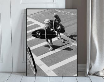 Arte de pared retro Chanel Surf Girls, fotografía de moda playera vintage en blanco y negro, impresión decorativa