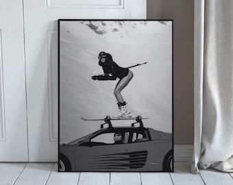 Póster de deportes de invierno en blanco y negro con diseño de moda de esquí vintage
