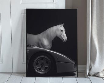 Póster imprimible moderno de coche de lujo con diseño de caballo blanco en blanco y negro.