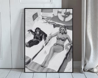Arte mural vintage junto a la piscina, fotografía retro en blanco y negro, dinero antiguo, lujo (descarga digital)