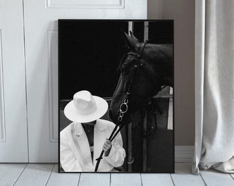 Black White Equestrian Wall Art Woman Horse Vintage Luxury Minimalist Digital Print