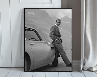 Póster retro de caballero en blanco y negro con arte de pared de coche clásico vintage