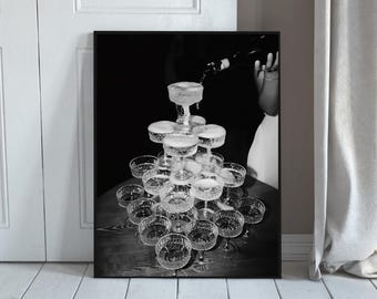 Vintage Champagne Tower Wall Art Black White Party Photography Poster Print