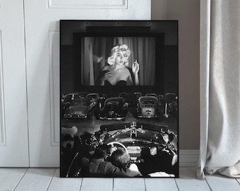Arte mural de cine vintage con autocine, blanco y negro, Hollywood, lujo, dinero antiguo, descarga digital