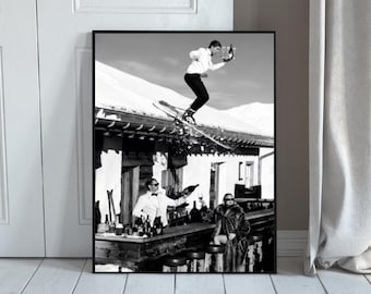 Impresión fotográfica de esquí vintage, arte mural invernal en blanco y negro, decoración alpina retro