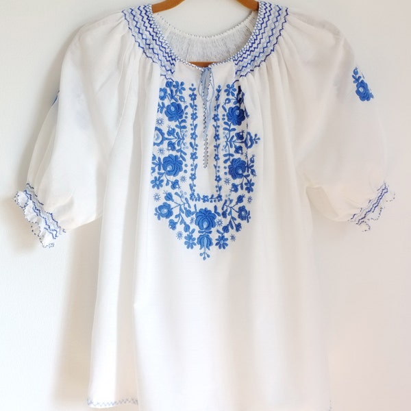 Vintage Romanian Peasant Blouse/Handmade Blue Embroidery/Folk/BoHo