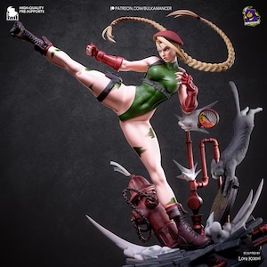 May include: A detailed figurine of a blonde character with braided hair wearing a red beret, green leotard, and red gloves, performing a high kick. The base features a red fire hydrant, a gray cat, and a small gauge with the text ALERT HOT.