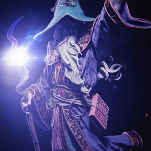 May include: A detailed illustration of a wizard in a long, flowing purple robe with gold accents and a teal hat. The wizard has a long white beard and is holding a glowing staff. A small pink book is attached to the robe.