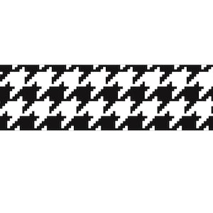 May include: A black and white houndstooth pattern, a classic textile design. The repeating pattern features a series of four-pointed shapes in alternating black and white, creating a visually striking and timeless aesthetic. This design is often used in fashion and home decor.