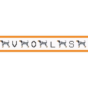 May include: A pixelated design featuring the word "HOUNDS" with each letter represented by a dog silhouette. The design is set against a white background with an orange border.
