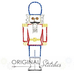 May include: A red, white, and blue nutcracker with a gold belt and a mustache. The nutcracker is standing on a white background.