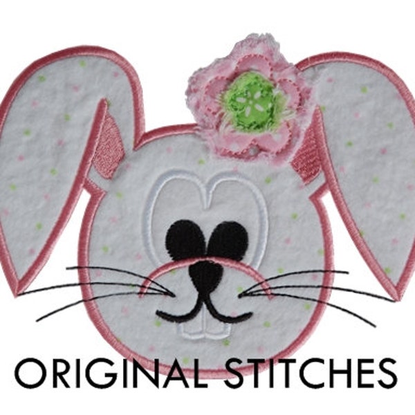 Frayed Flower Easter Bunny Head Applique and Machine Embroidery Digital Design File 4x4 5x7 6x10 7x11