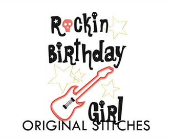 Rockin Birthday Girl Guitar Applique and Machine Embroidery Digital Design File 5x7 6x10 7x11