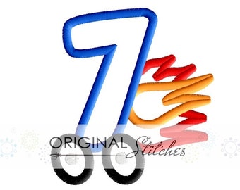 Number 7 Seven Racing Flames Birthday Applique and Embroidery Digitized Design File 4x4 5x7 6x10