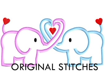 Heart Elephants Machine Applique and Embroidery Digital Design File 5x7 6x10 7x11