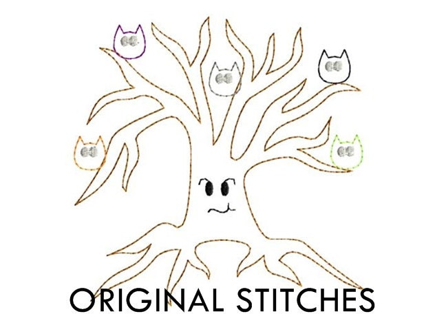 Spooky Owl Tree Halloween Quick Stitch Applique and Embroidery Design File 4x4 5x7 6x10 7x11 8x12