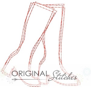 May include: A digital embroidery design of a pair of boots. The design is outlined in red and is suitable for use in a sewing machine.