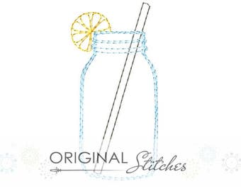 Quick Stitch Lemon Straw Mason Jar Drink Machine Embroidery Digital Design File  4x4 5x7 6x10