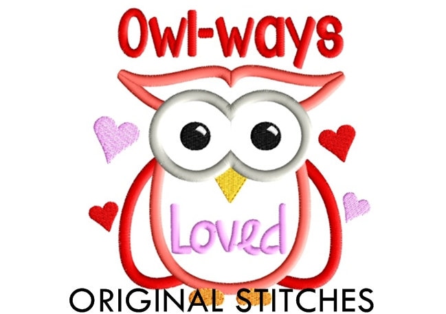 Valentine's Day Owl Applique and Machine Embroidery Digital Design File 5x7 6x10 7x11