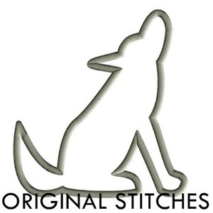 May include: A white outline of a wolf howling, sitting on its haunches. The image is a digital embroidery design.