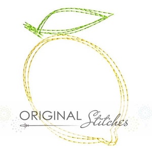 Puede incluir: Un limón amarillo con una hoja verde, delineado con puntadas. El texto "ORIGINAL Stitches" está debajo del limón.