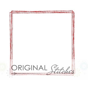 May include: A red, multi-layered square frame with the text "ORIGINAL Stitches" below it. The frame is on a white background with a faint pattern of blue and white circles.