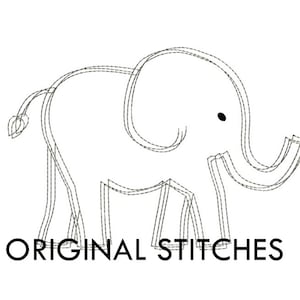 May include: A black and white line drawing of an elephant with the text "ORIGINAL STITCHES" below it.
