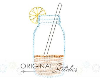May include: A blue mason jar with a straw and a yellow lemon slice on top. The jar is filled with a brown liquid. The image is a digital embroidery design.