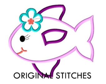 Girl Flower Fish Applique and Machine Embroidery Digital Design File 4x4 5x7 6x10 7x11