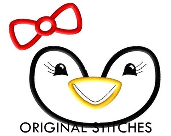 Girl Penguin Face Applique and Machine Embroidery Digital Design File 4x4 5x7 6x10 7x11 8x12