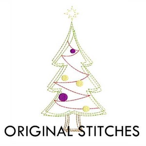 May include: A green outline of a Christmas tree with a star on top. The tree is decorated with red and yellow ornaments.