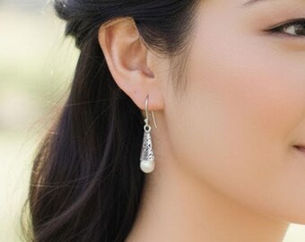 Bridal Pearl Sterling Silver Drop Earrings – Wedding Jewelry Bridesmaid Gift