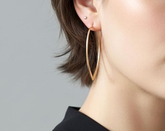 14K Gold Filled Hoop Earrings Flatten Oval Drop-Hypoallergenic Earrings JD301