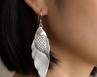Sterling Silver Earrings Hammered Betta Fish- Boho Style