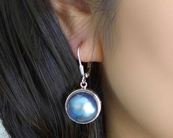 Blue Mabe Pearl Leverback Bali Sterling Silver Earrings JD48