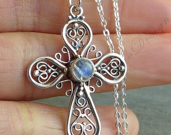 Ornate Handmade Filigree Sterling Silver Cross Necklace with Garnet, Moonstone & Blue Zircon