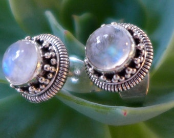 Rainbow Moonstone Stud Flash Blue Post Earrings Bali Sterling Silver JD03