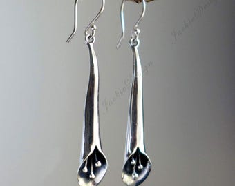 Sterling Silver Calla Lily Dangle Earrings, Long Flower Drop Earrings