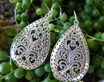 Sterling Silver Earrings- Tear Drop Paisley Filigree Bali Ornate Handmade
