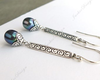 Peacock Pearl 2.25" Long Drop Bali Sterling Silver Earrings JD19