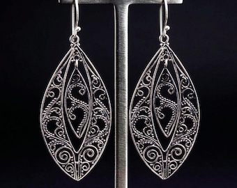 Handmade Sterling Silver Filigree Earrings, Double Marquise Drop Earrings, Balinese Wire Work Jewelry
