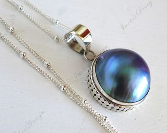 20mm Blue Mabe Pearl Pendant Bali Sterling Silver 20 inch Necklace JD49