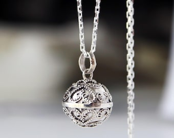 Sterling Silver Lace Heart Harmony Ball Pendant Necklace - 12mm