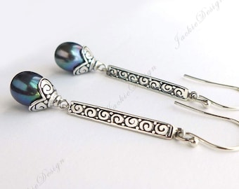 Sterling Silver White or Peacock Color Fresh Water Pearl 2.25" Long Drop Earrings