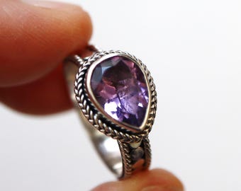 Purple Amethyst Bohemian Style Sterling Silver Ring Bali Handmade Ring Size 6