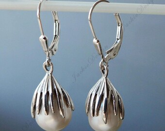 Sterling Silver White Fresh Water Pearl Drop Earrings- Leverback Closure