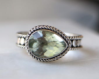 Green Amethyst Bohemian Style Sterling Silver Ring Bali Handmade Ring Size 6 or 7