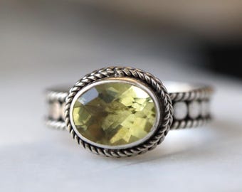 Yellow Lemon Quartz Bohemian Style Sterling Silver Ring Bali Handmade Ring Size 6