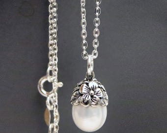Freshwater Pearl Sterling Silver Flower Pendant Necklace, Delicate Jewelry