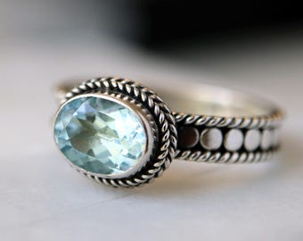 Blue Topaz Bohemian Style Sterling Silver Ring Bali Handmade Ring Size 8